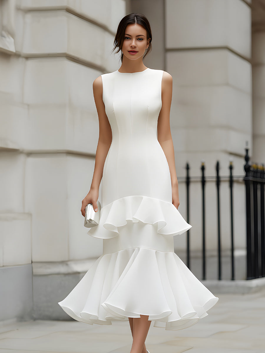 White Sleeveless Tiered Ruffle Midi Dress