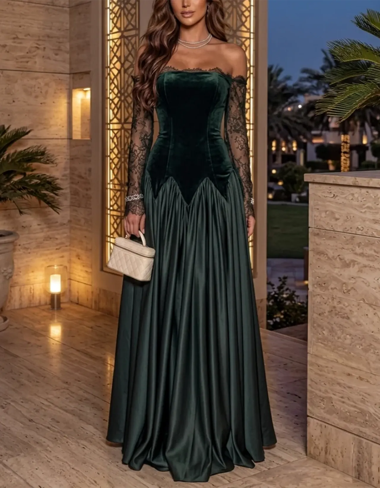 Green Off-the-Shoulder Lace Velvet & Satin Maxi Dress