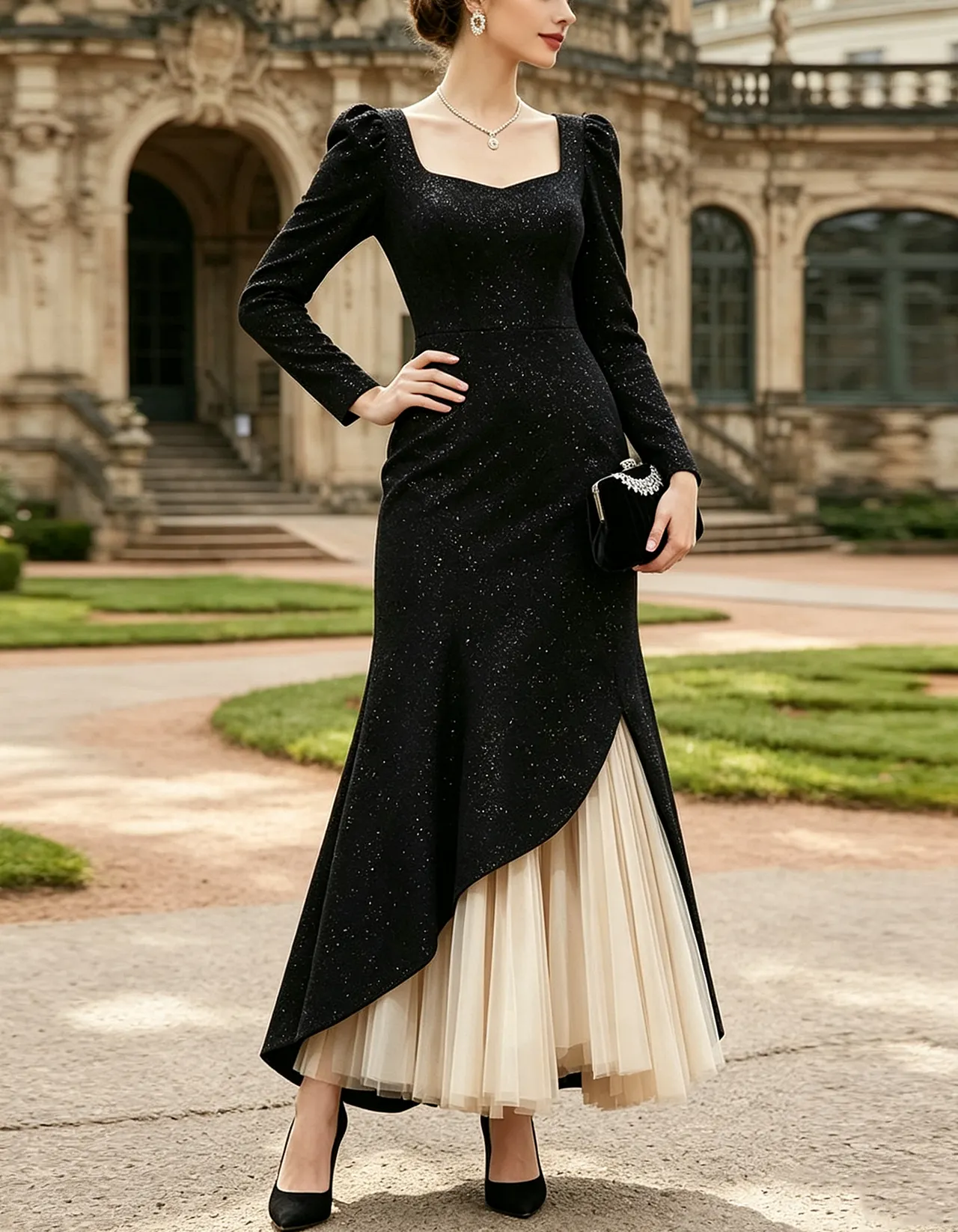 Black Square-neck Long-sleeve Velvet Top With Subtle Shimmer Maxi Dress