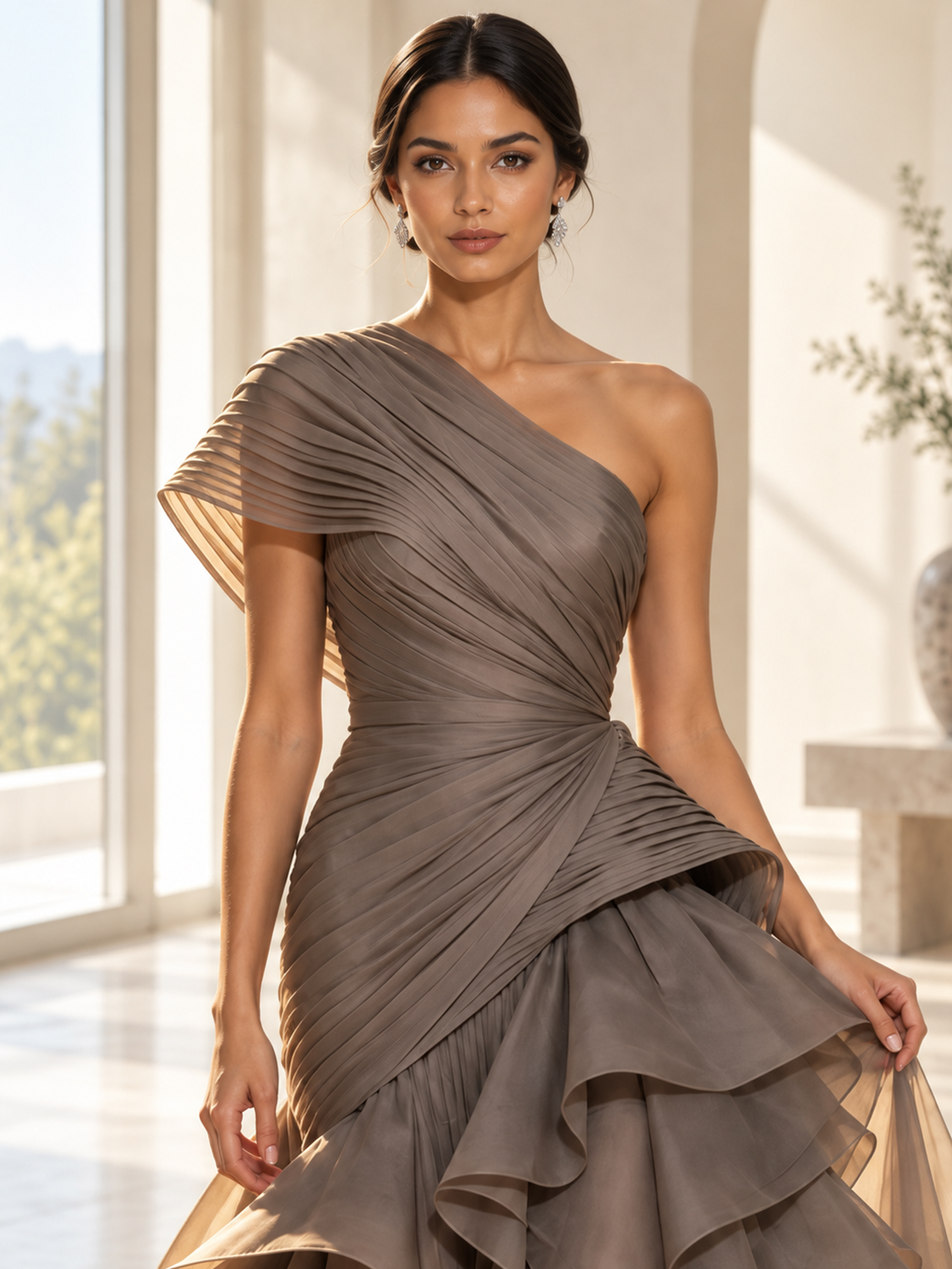 Asymmetrical One-shoulder Pleats Maxi Dress