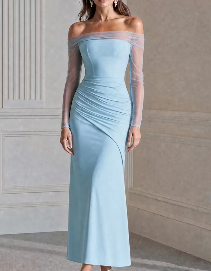Light Blue Off Shoulder Sheer Mesh Sleeve Ruched Midi Dress