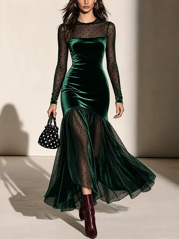 Burgundy Polka Dot Tulle & Velvet Maxi Dress