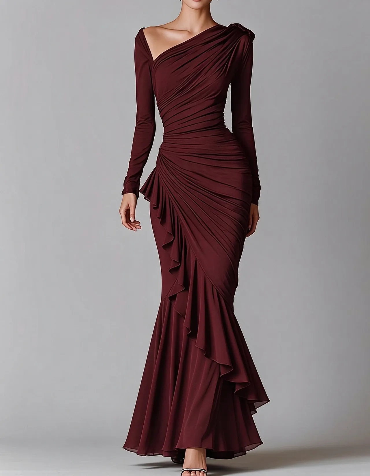 Asymmetric Long Sleeve Ruched Maxi Dress