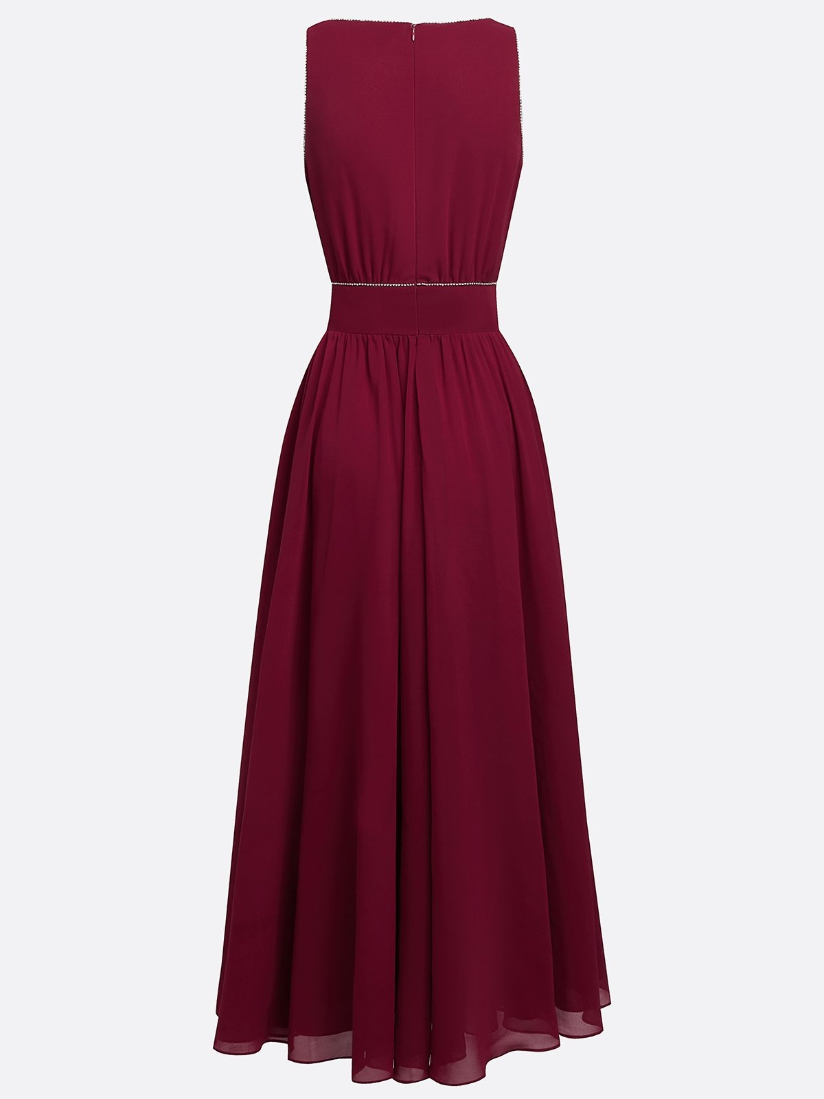 Wine Red Rhinestone Classic V Neck Sleeveless A-Line Maxi Dress