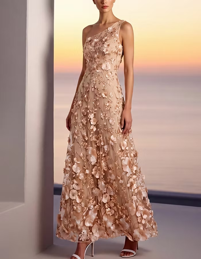 Champagne One-Shoulder Lace 3D Floral Maxi Dress