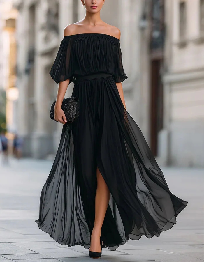 Black Off Shoulder Chiffon Slit Maxi Dress
