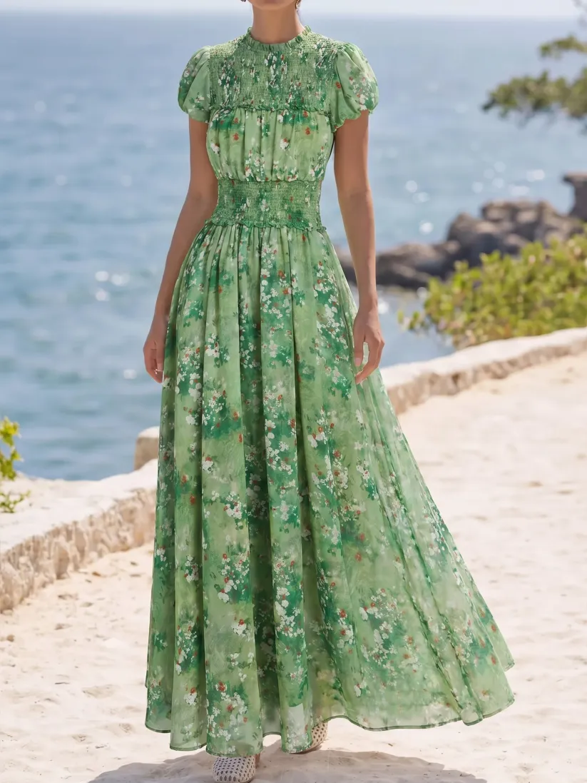 Maxi Cotton Dress, Short Sleeves, Round Neck, Floral, Vintage, Green