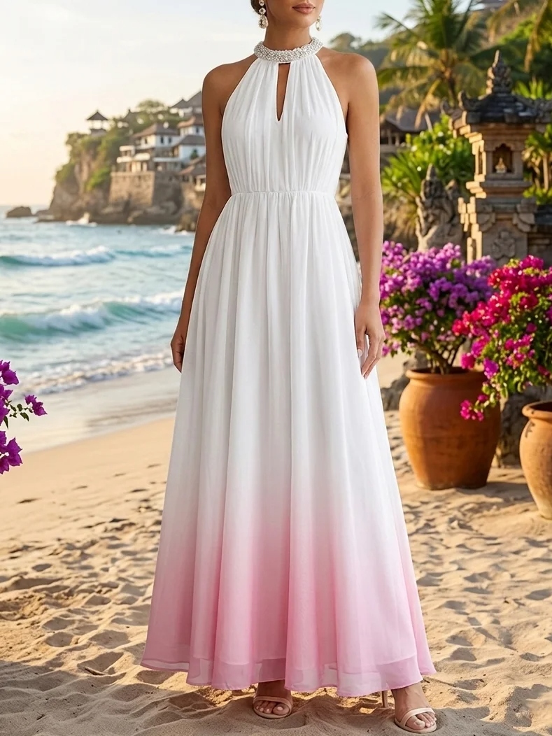 Pink Ombre Halter Maxi Dress Pleated Wedding Guest Gown for Beach & Summer Parties