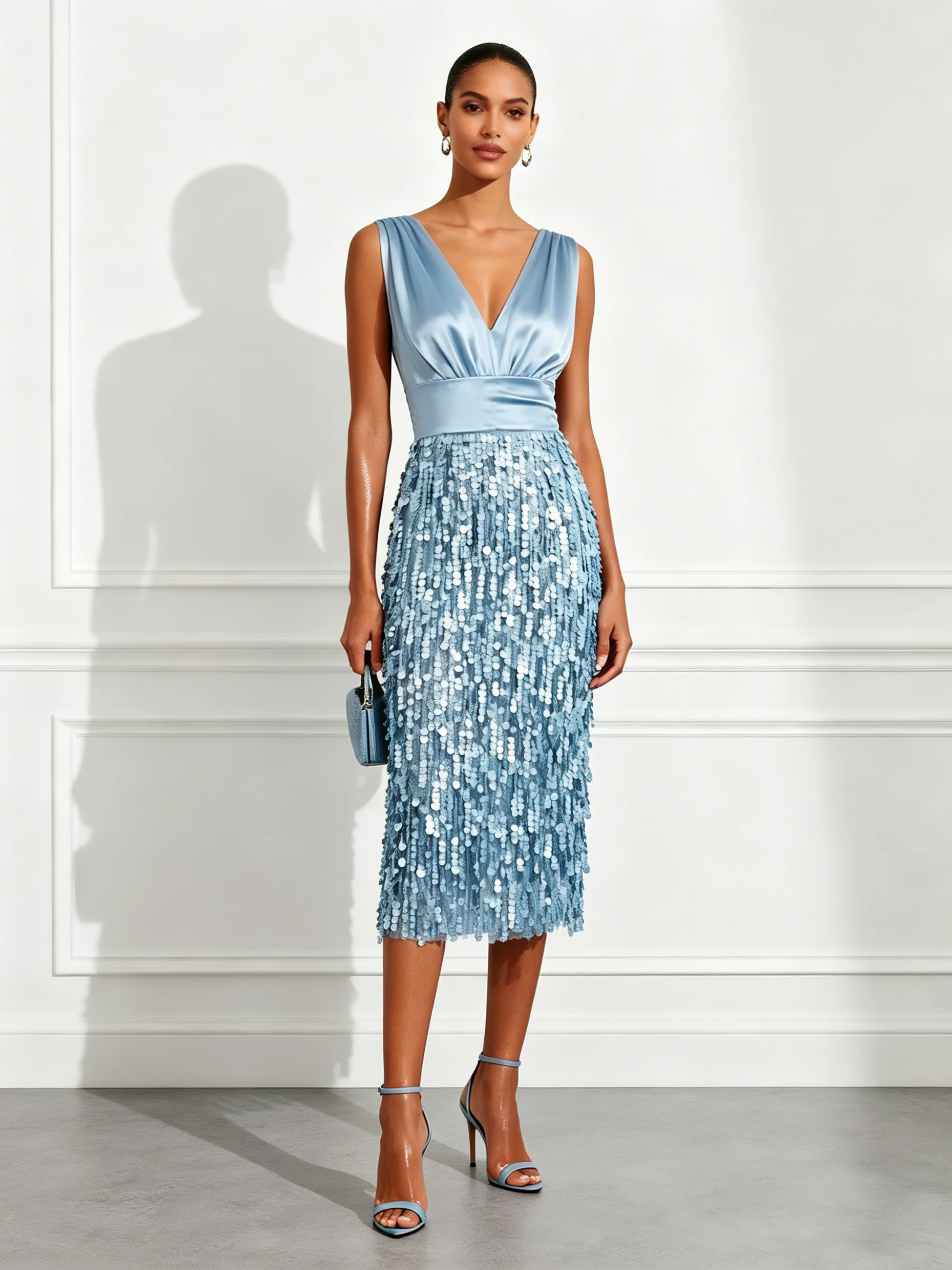 Light Blue Sequin V Neck Sleeveless Sheath Midi Dress