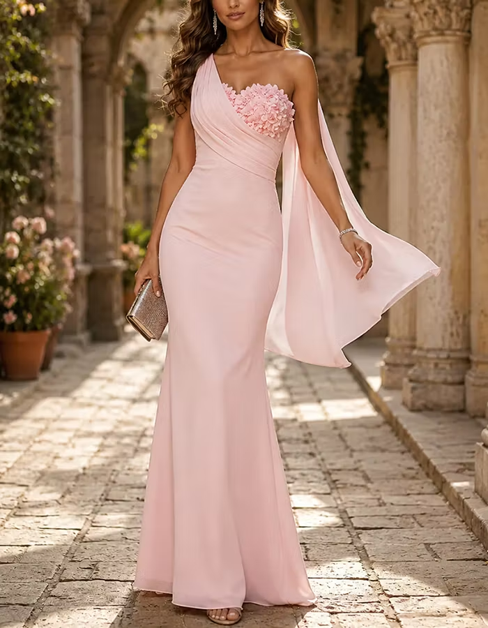 Light Pink One Shoulder 3D Flower Side Cape Chiffon Maxi Dress