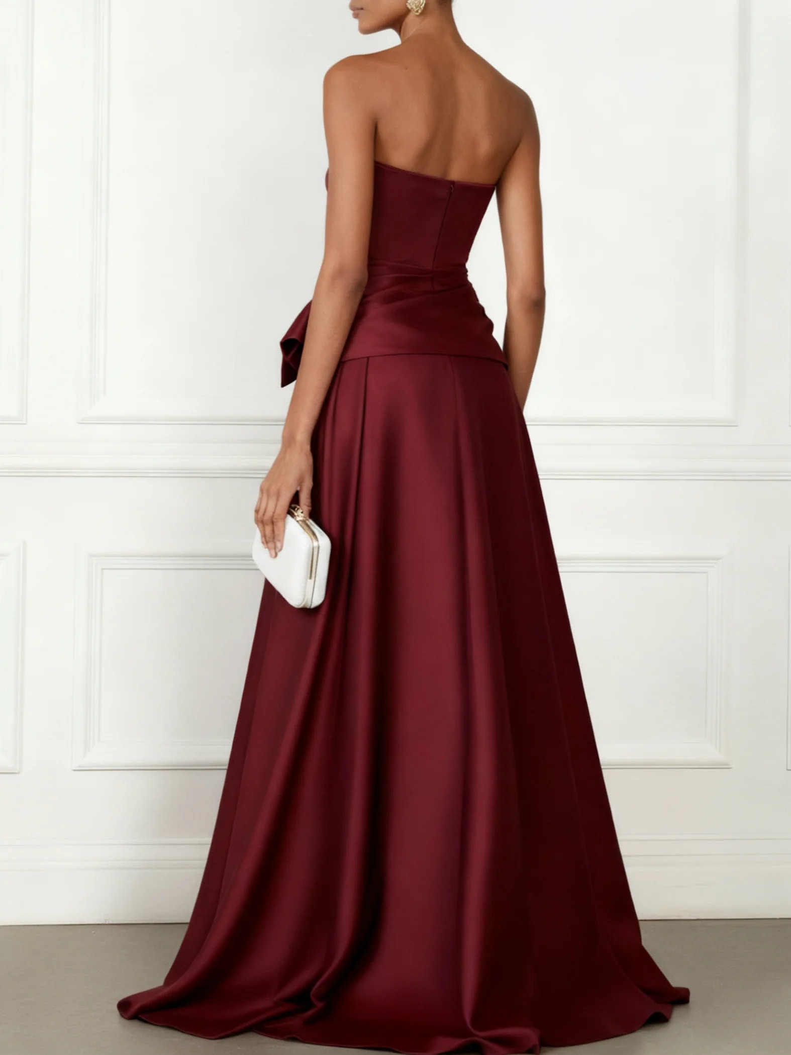Burgundy Bow Satin Strapless Sleeveless A-Line Gown Dress