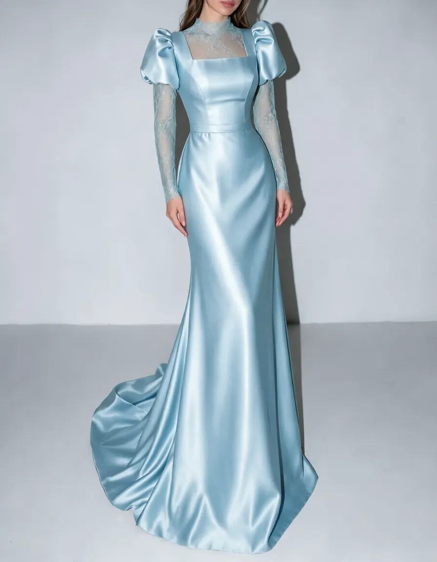 High Neck Lace Long Sleeve Satin Mermaid Evening Maxi Dress