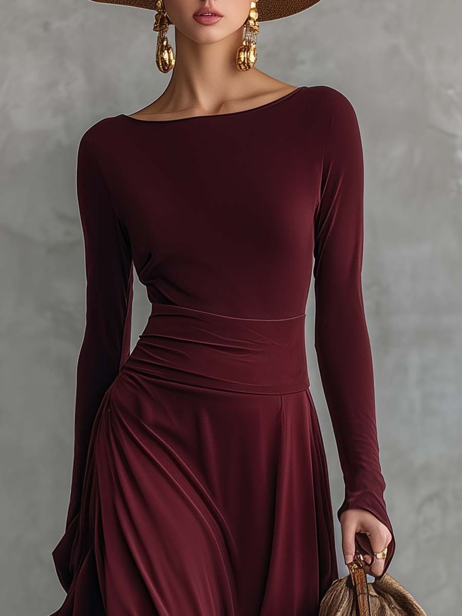 Elegant Retro Party Crew Neck Gold Satin Hem Burgundy Stretch Cotton Maxi Dress