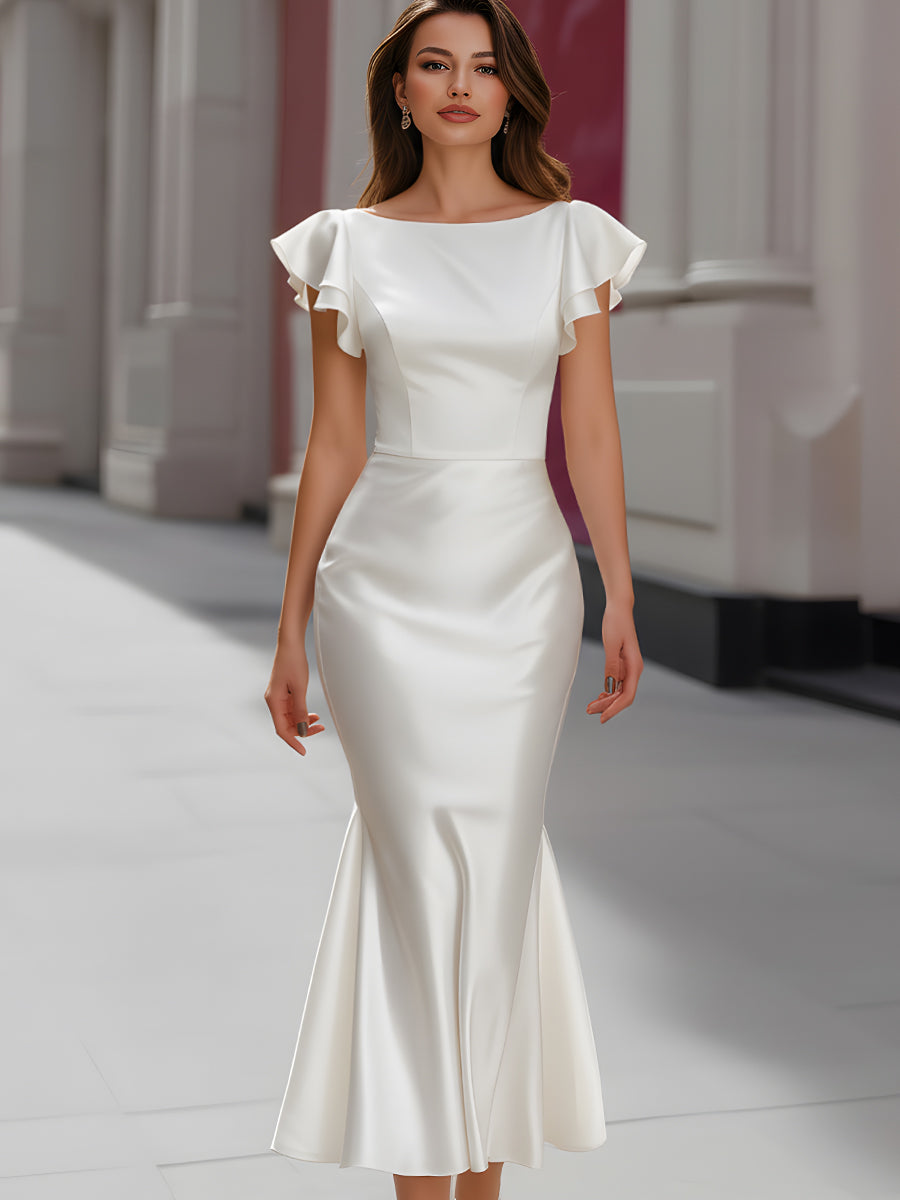 White Satin Flutter-Sleeve Mermaid Dress