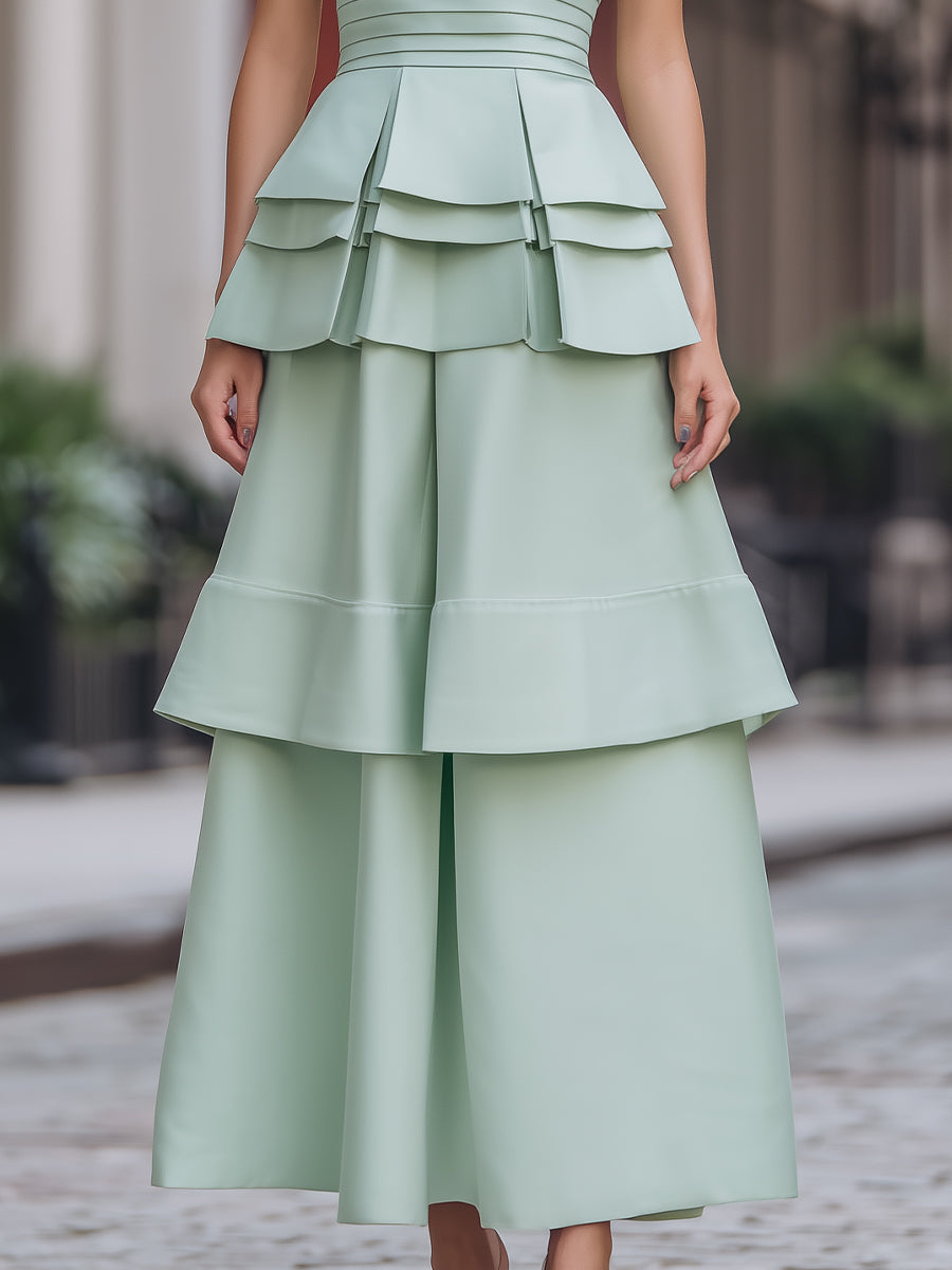 Elegant Strapless Layered Ruffle Midi Dress