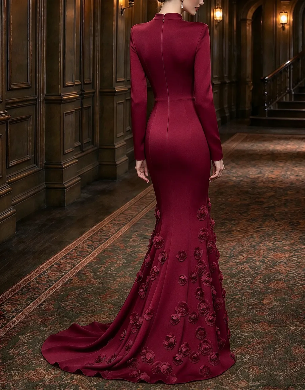 High Neck Long Sleeve Satin 3D Floral Mermaid Evening Maxi Dress