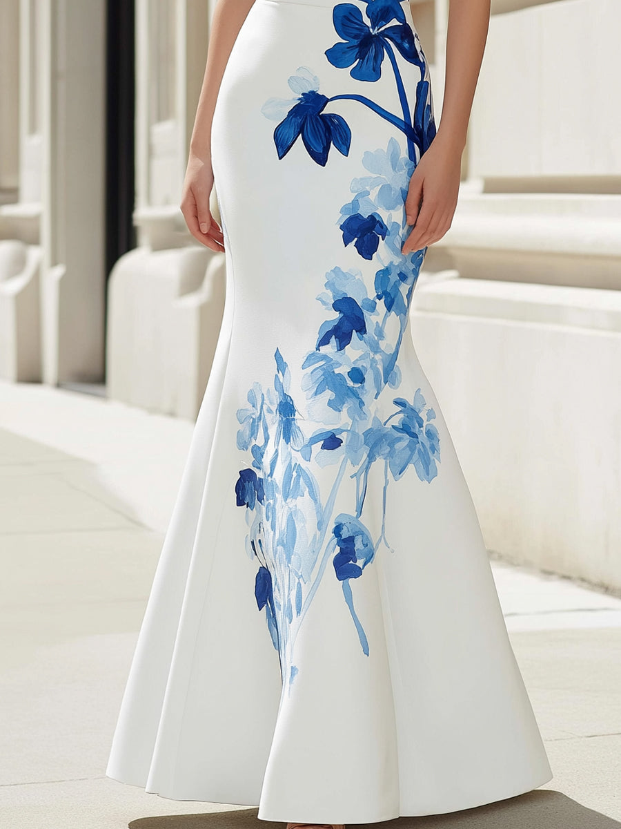 White Elegant V-Neck Sleeveless Floral Mermaid Maxi Dress