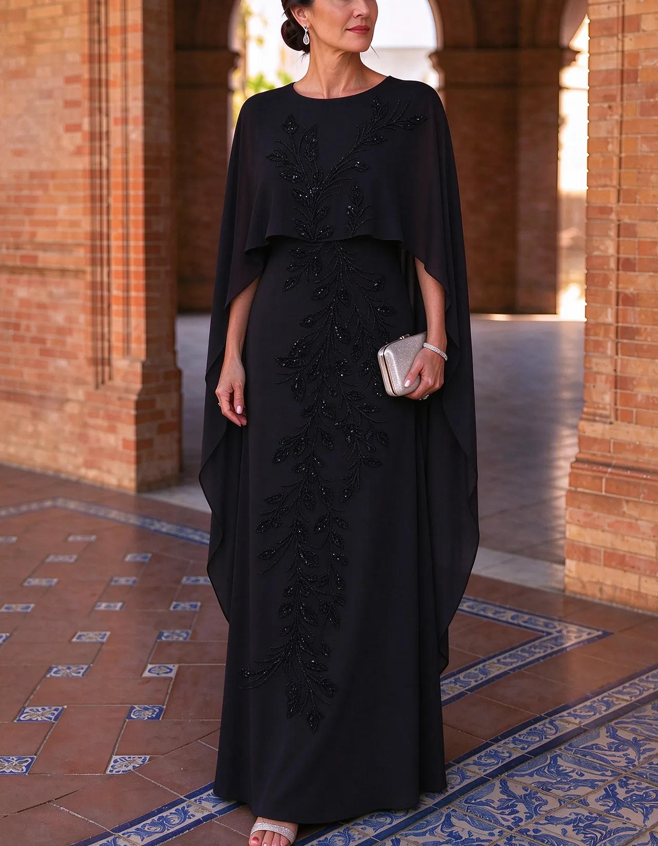 Chiffon Round Neck Cape Overlay Leaf Embroidery Maxi Dress