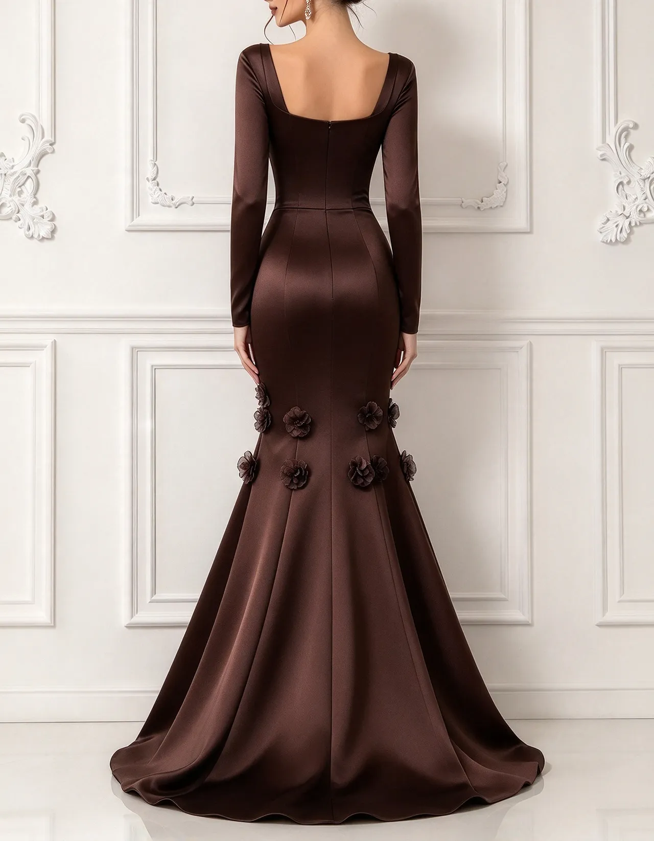 Square Neck Long Sleeve Satin 3D Flowers Mermaid Maxi Dress