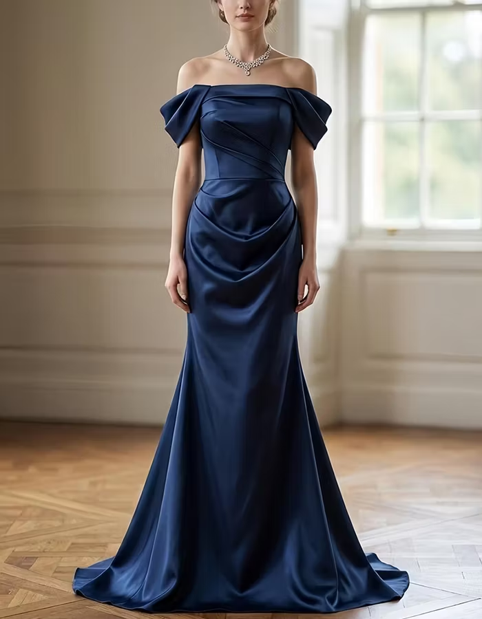 Navy Blue Off-the-Shoulder Ruched Satin Maxi Dress