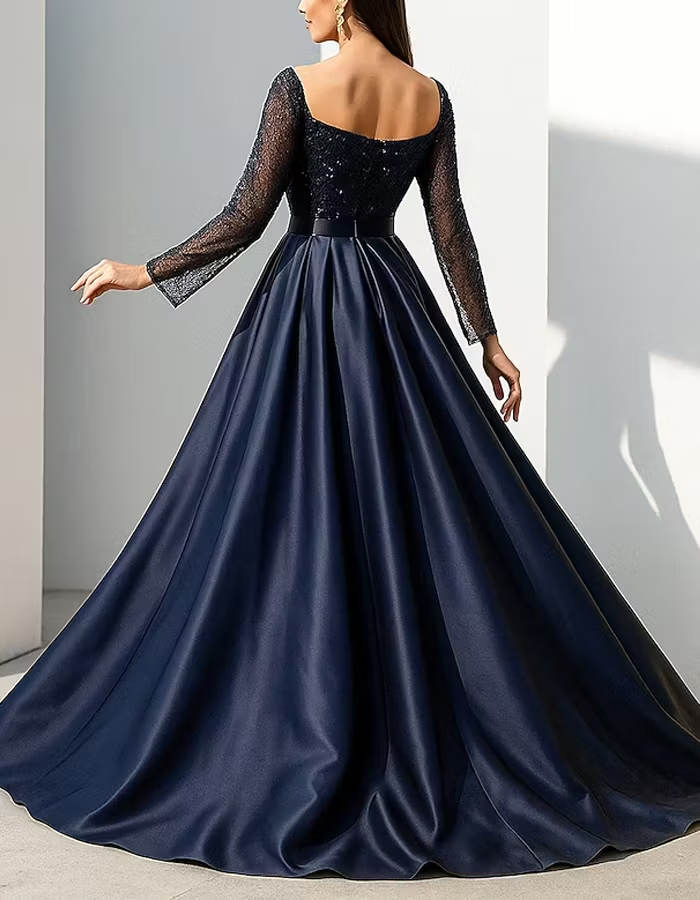Navy Blue Sequined Square Neck Maxi Dress