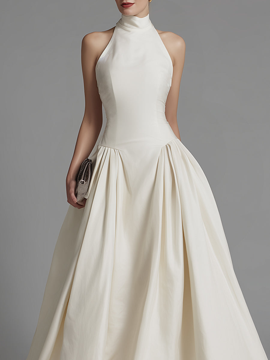 White Halter Neck Fit-and-Flare Maxi Dress With Structured Pleated Skirt