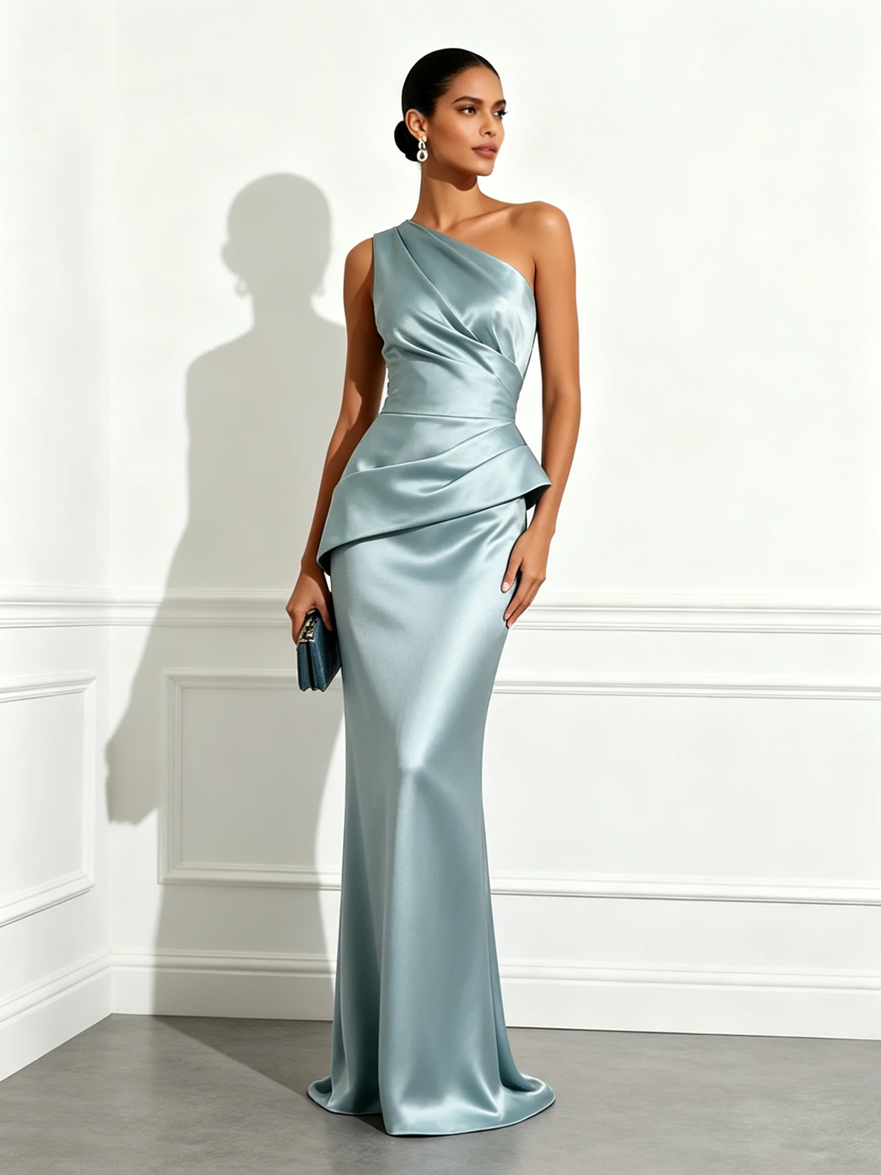 Dusty Teal Satin One Shoulder Sleeveless Mermaid Gown Dress