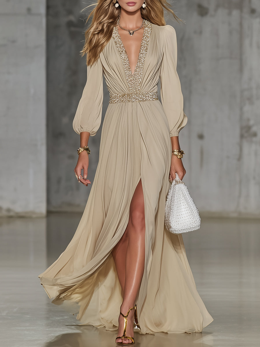 Elegant Beige Chiffon V-neck With Rhinestone Embellishments And A Side Slit Maxi Dress
