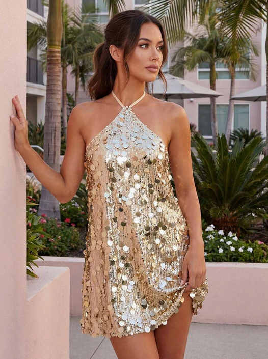 Gold Round Sequin Halter Mini Dress Tie Neck Sparkly Party Dress