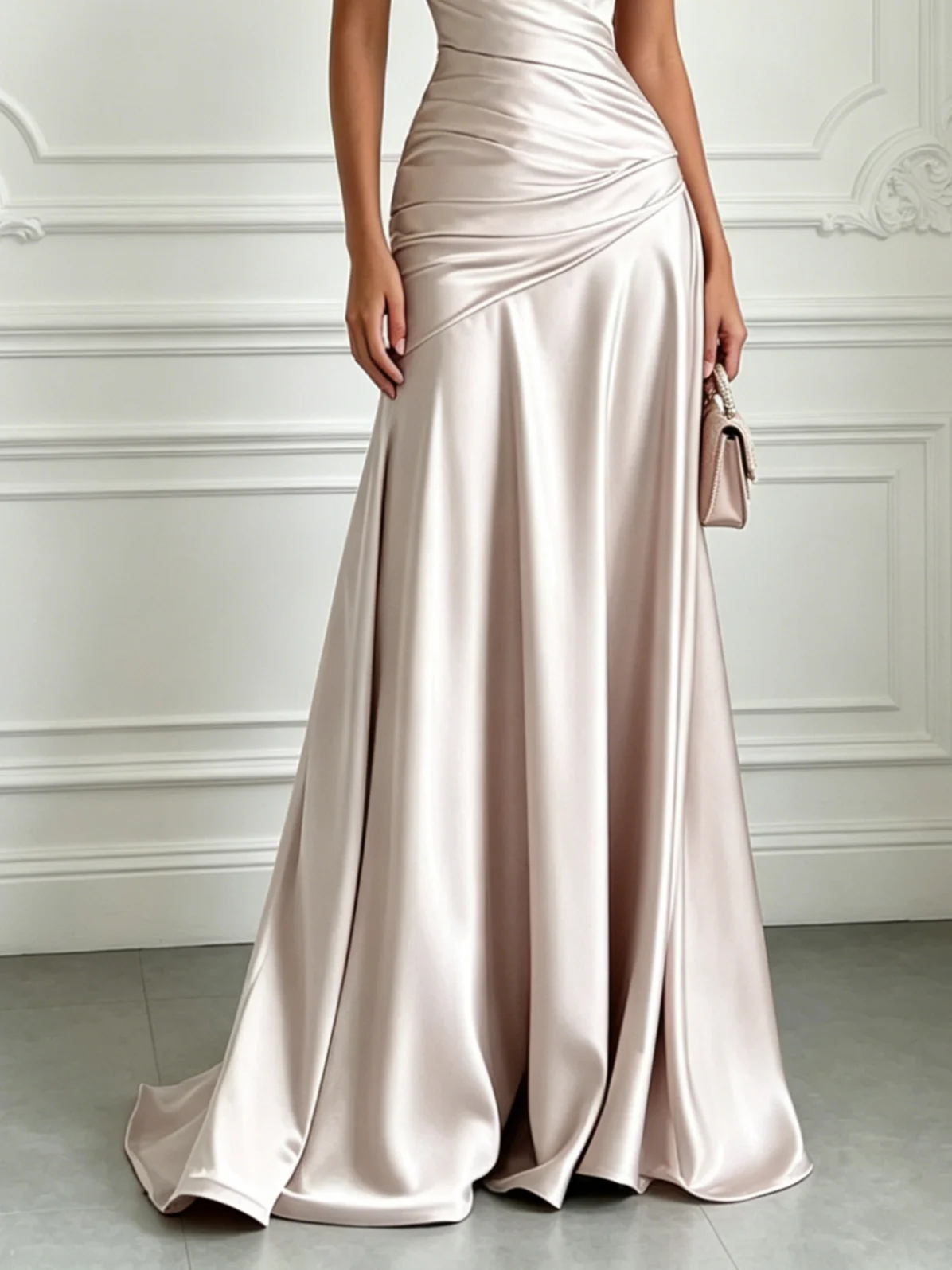 Champagne Ruched Satin Off The Shoulder Short Sleeve A-Line Floor-length Gown Dress