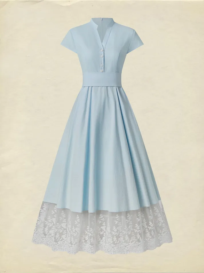 Maxi Cotton Dress , Short Sleeves, V Neck, Plain, Lace, French Vintage, Aqua blue