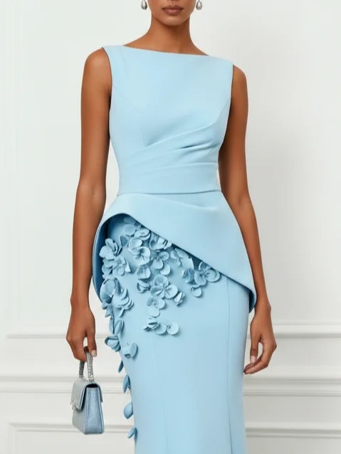 Light Blue 3D Floral Classic Boat Neck Sleeveless Sheath Gown Dress