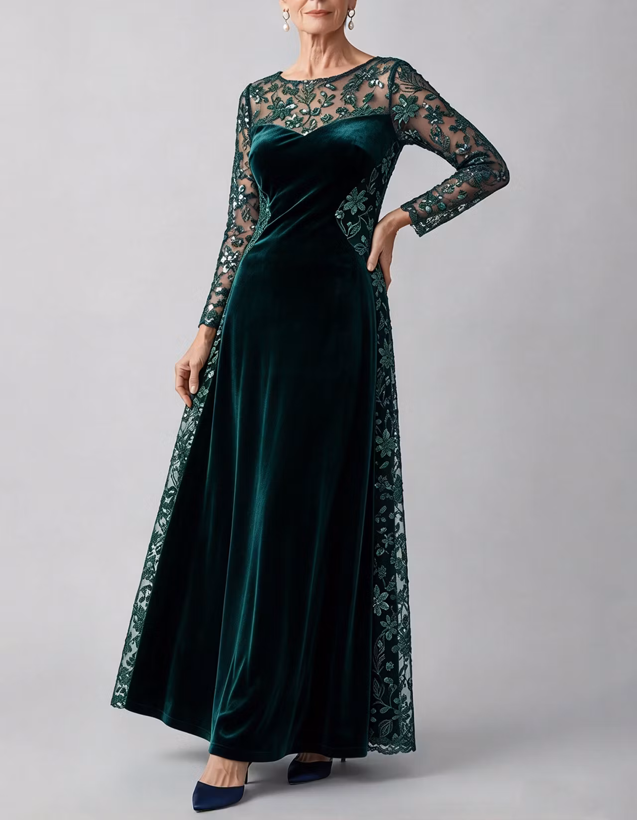 Navy Blue Sequin Floral Lace & Velvet Maxi Dress
