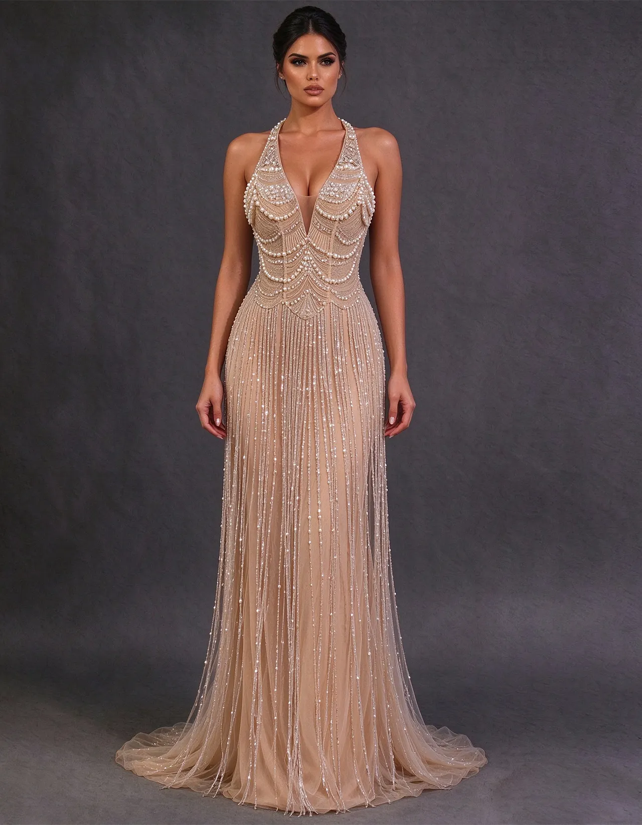 Nude Colored Halter Neck Crystal Evening Gown