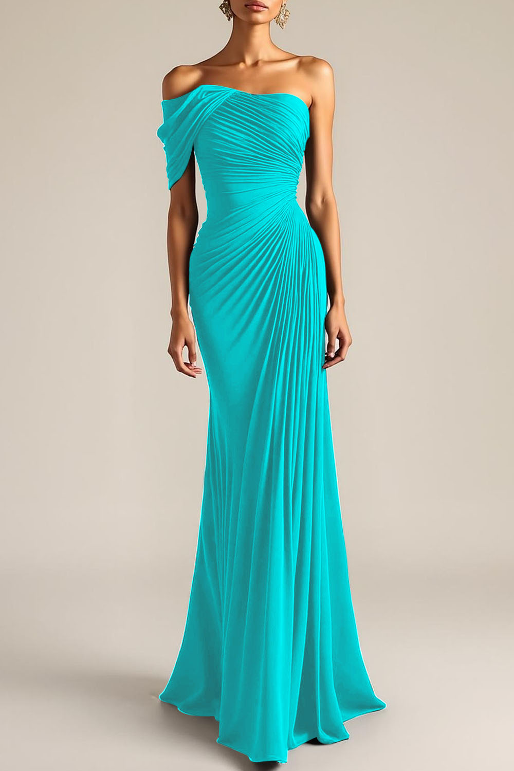 Evening Formal Dress Peacock Blue Sheath One Shoulder Maxi Dress