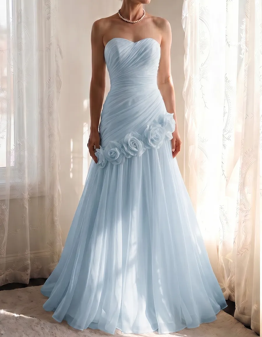 Chiffon Strapless Asymmetrical 3-Dimensional Rose Maxi Dress