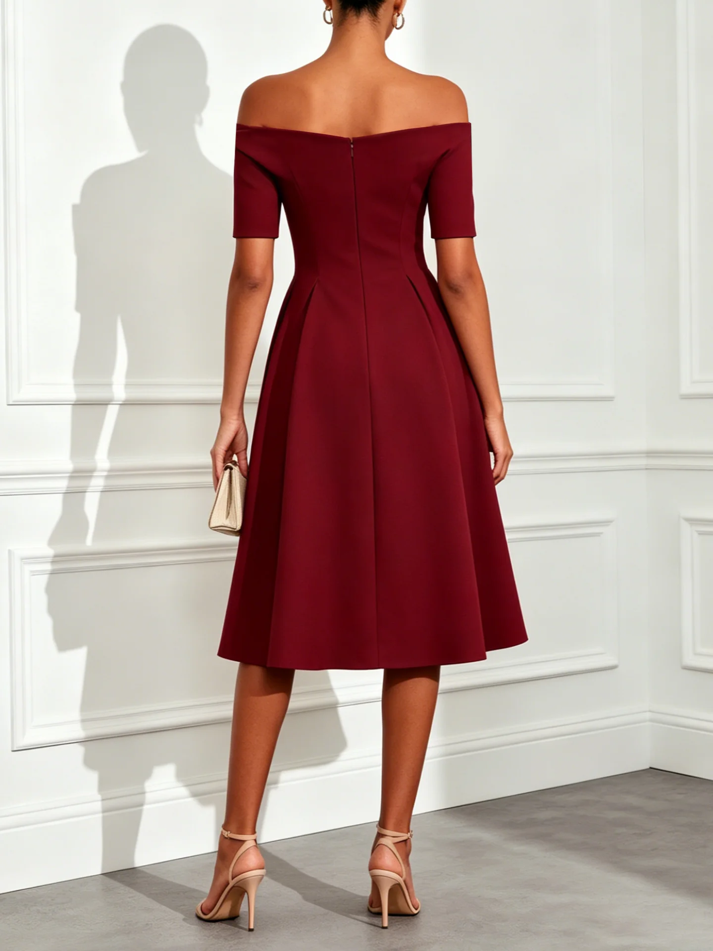 Burgundy Bow Classic Off The Shoulder Short Sleeve A-Line Midi Dress