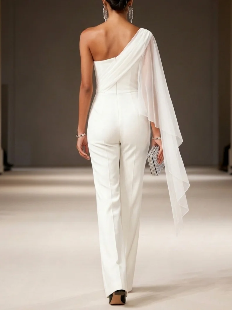 Women White Split Joint One Shoulder Sleeveless Dressy Jumpsuit