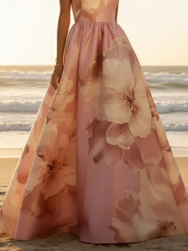Pink Floral Satin Strapless Sleeveless A-Line Floor-length Gown Dress