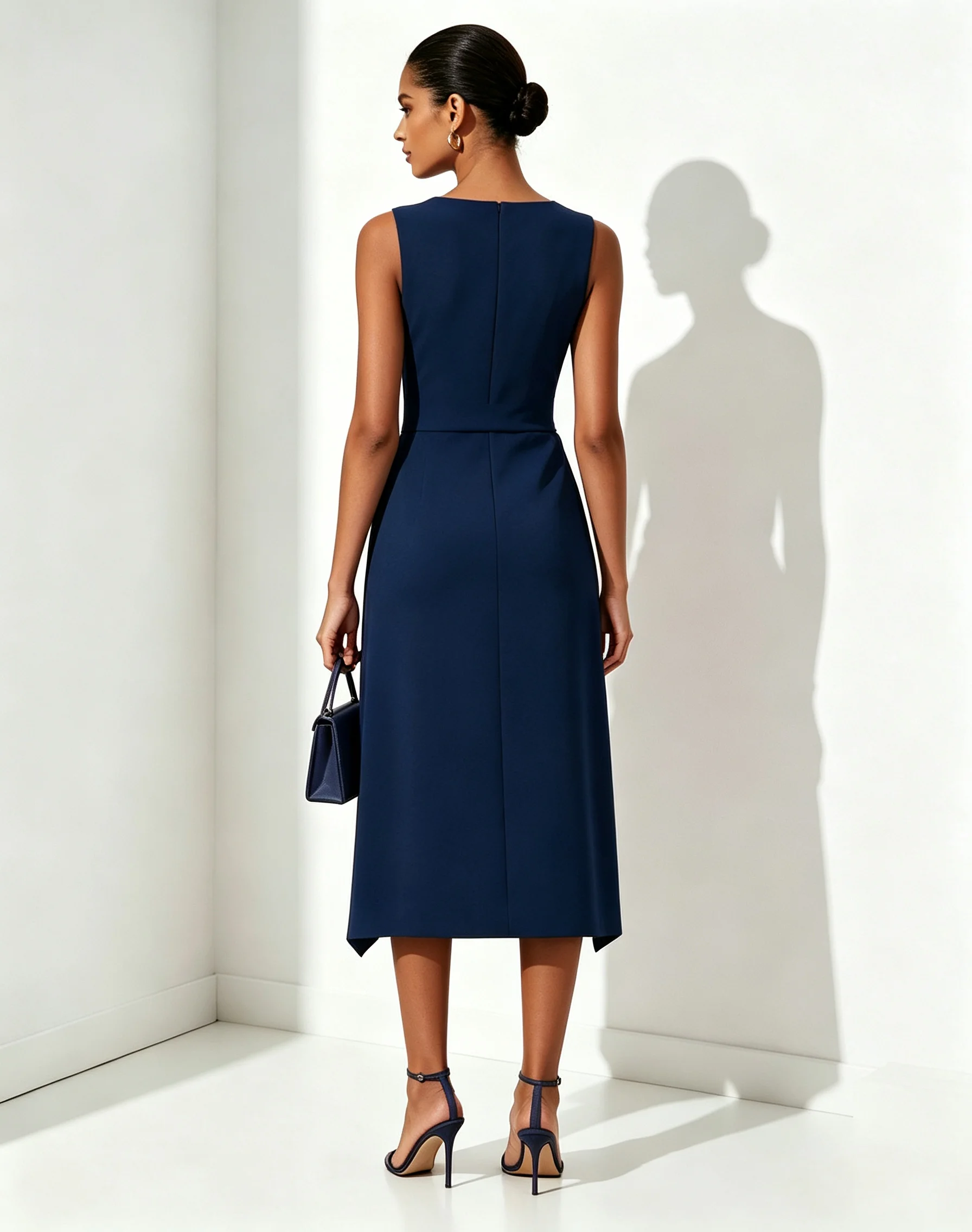 Navy Blue Ruched Classic Bow Notched Sleeveless Sheath Midi Dress