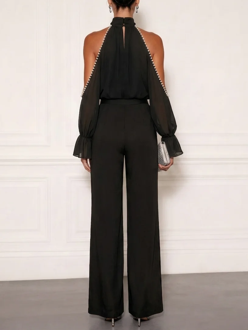 Women Black Faux Pearl Mock Neck Long Sleeve Off Shoulder Sleeve Dressy Top With Pants Two-Piece Set