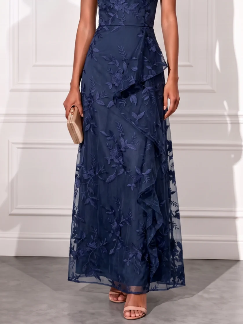 Navy Blue Jacquard Ruffled Lace One Shoulder Sleeveless A-Line Maxi Dress