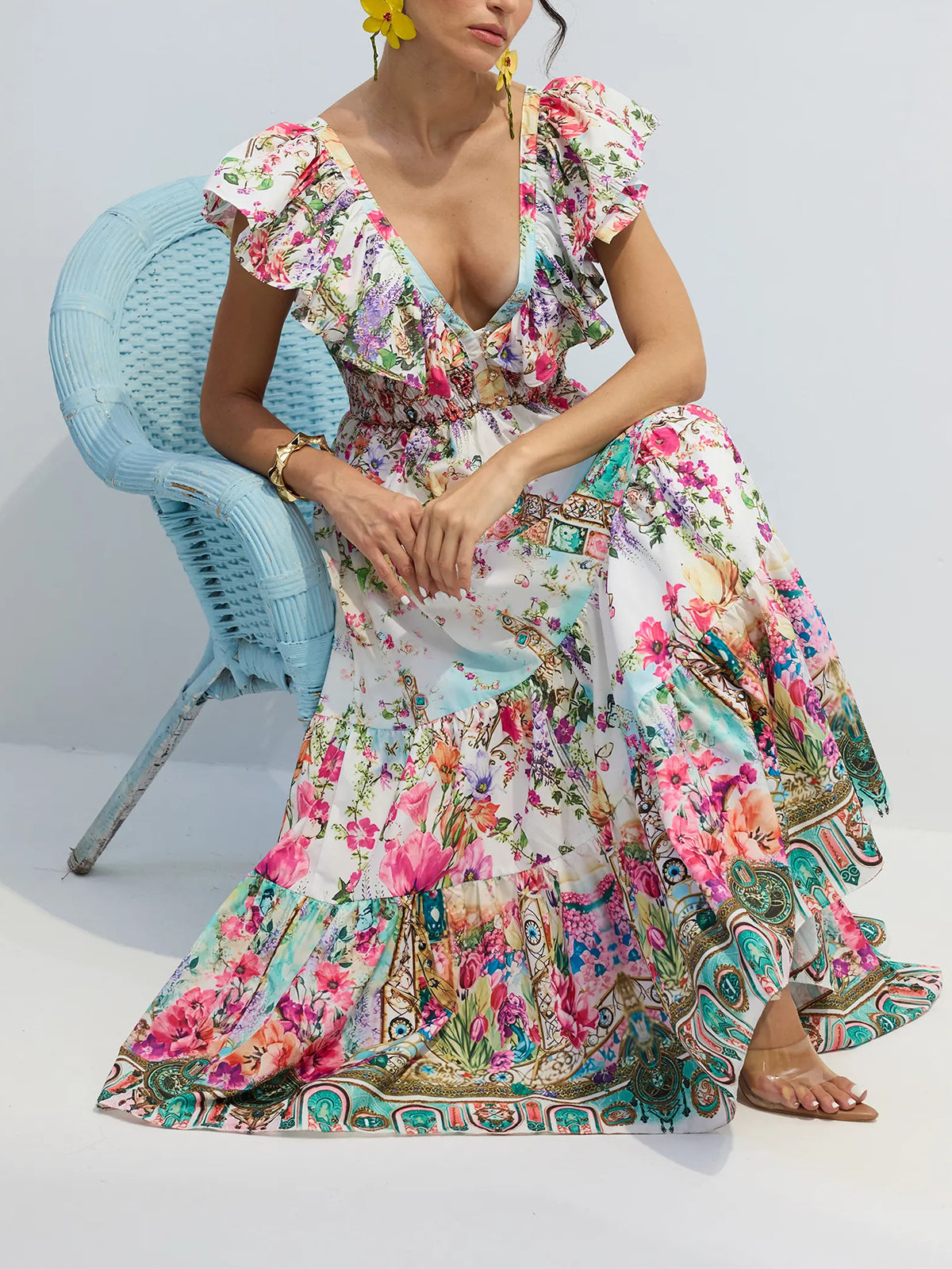 Multi Lorena Floral Print Ruffle Maxi Dress