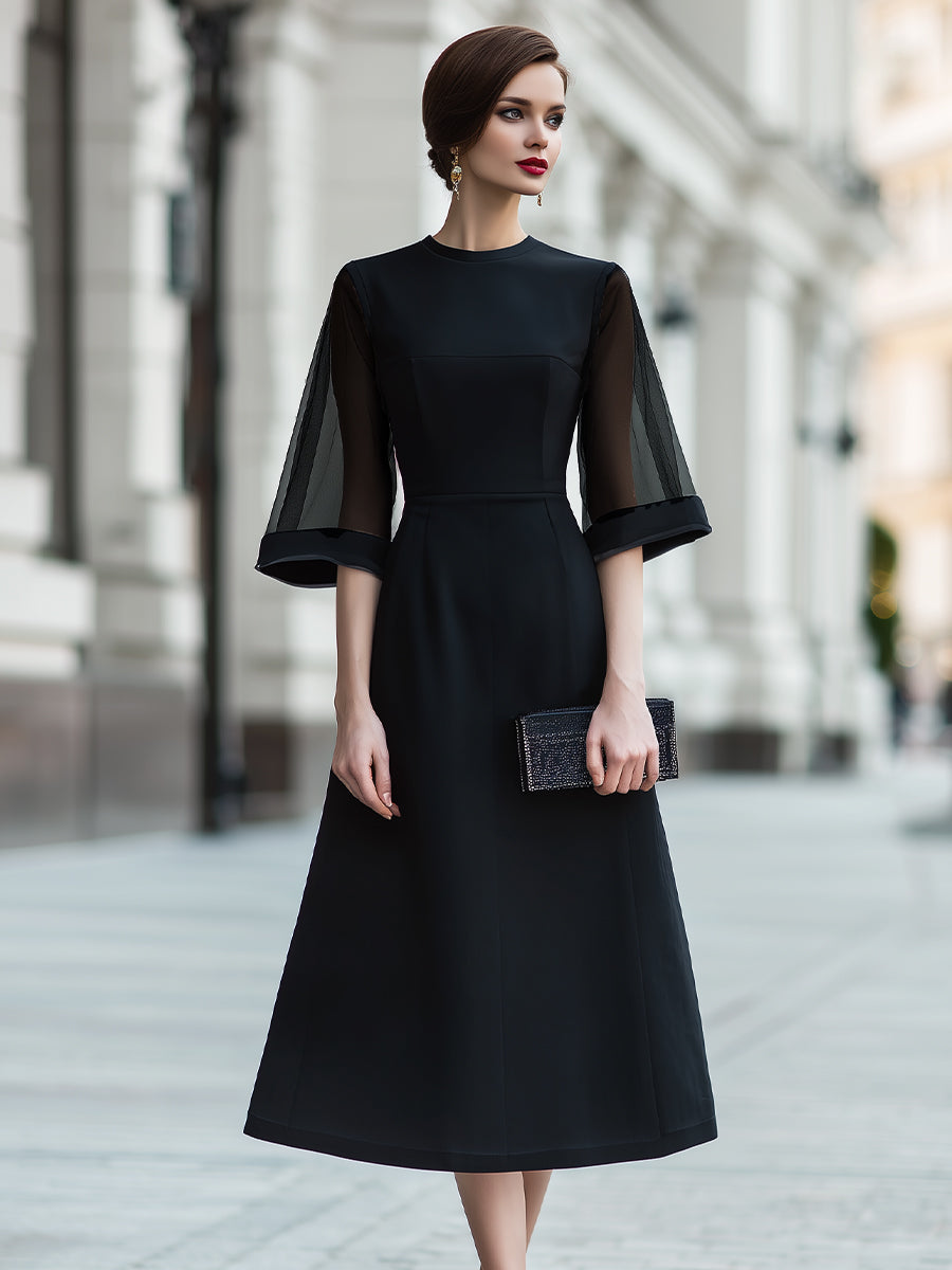 Black Sheer Sleeve Midi Dress With Structured Waist