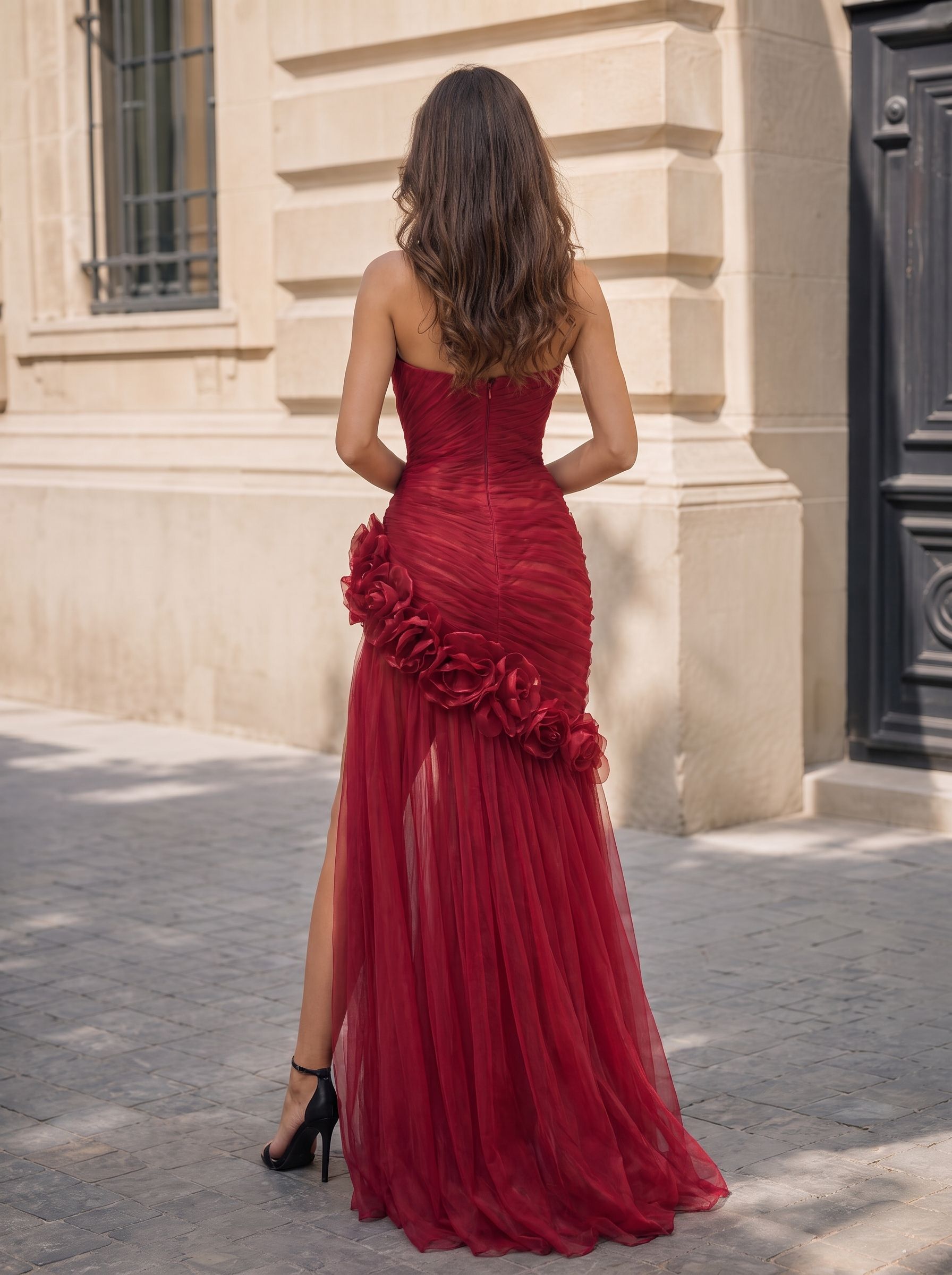 Wine Red 3D Floral Strapless High Slit Tulle Mermaid Evening Dress