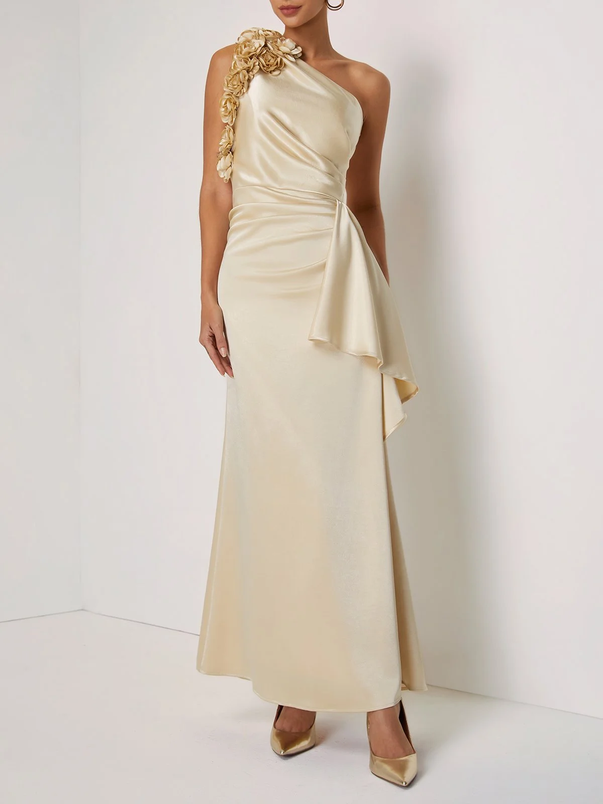 Champagne 3D Floral Ruched Satin One Shoulder Sleeveless Sheath Floor-length Gown Dress