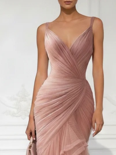 Pink Folds Tulle Strapless Sleeveless Mermaid Gown Dress