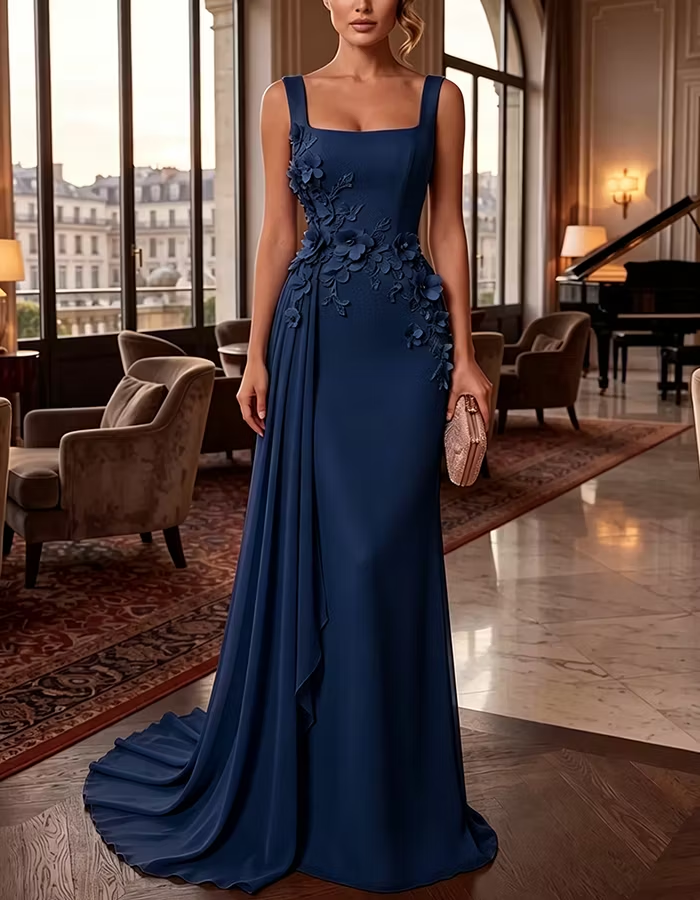 Square Neck Sleeveless 3D Flower Chiffon Maxi Dress