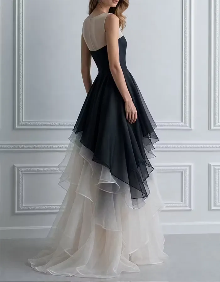 Asymmetrical Layering Of Black And Light Champagne Sleeveless Organza Fabric Maxi Dress