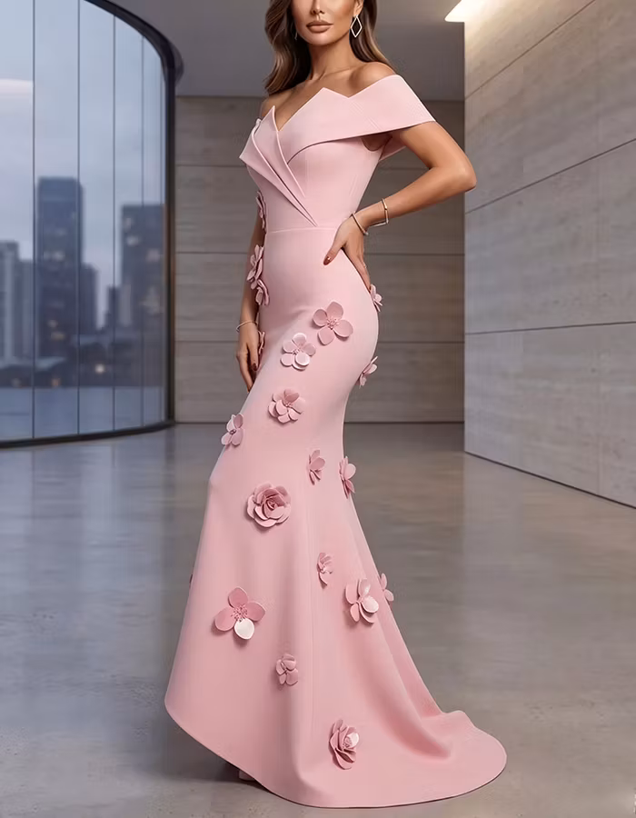 Pink Off Shoulder Fold V Neck 3D Floral Maxi Dress